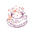 Tea is always a good idea. Bright concept card with cup of tea and lovely flowers