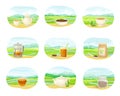 Tea Green Terrace Field Plantation and Teapot or Cup with Hot Aromatic Beverage Brewing Vector Set