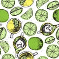 Tea hand draw seamless pattern with teapot, lemons and cup. Sketched textured background. Royalty Free Stock Photo