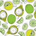 Tea hand draw seamless pattern with teapot, lemons and cup. Sketched textured background. Royalty Free Stock Photo