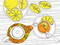 Tea hand draw set - teapot, cup and spoon with lemons, limes. collection on white background Royalty Free Stock Photo