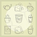 Tea, herbal kettle product pack leaf cups and sugar icons line style