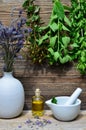 Tea herbs wood background Royalty Free Stock Photo