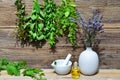Tea herbs wood background Royalty Free Stock Photo
