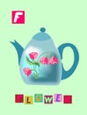 Tea history. Letter F. Flower. Cute cartoon english alphabet with colorful image and word.