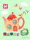 Tea history. Letter H. House. Cute cartoon english alphabet with colorful image and word.