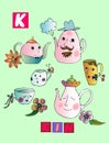 Tea history. Letter K. Kin. Cute cartoon english alphabet with colorful image and word.