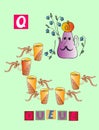 Tea history. Letter Q. Queue. Cute cartoon english alphabet with colorful image and word.