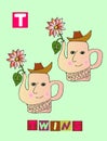 Tea history. Letter T. Twins. Cute cartoon english alphabet with colorful image and word.