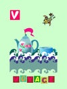 Tea history. Letter V. Voyage. Cute cartoon english alphabet with colorful image and word.