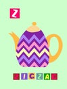 Tea history. Letter Z. Zigzag. Cute cartoon english alphabet with colorful image and word.