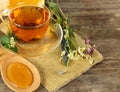 Tea and honey on background Royalty Free Stock Photo