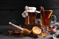 tea honey black background. High quality photo