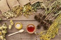 Tea with honey. Herbal harvest collection and bouquets of wild herbs. Alternative medicine. Natural pharmacy, self-care concept