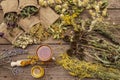 Tea with honey. Herbal harvest collection and bouquets of wild herbs. Alternative medicine. Natural pharmacy, self-care concept