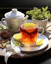 Tea hot drink on old background in composition on the table Royalty Free Stock Photo