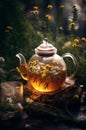 Tea hot healthy herbal green ceremony water teapot flowers drink background