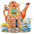 Tea house in the garden with flowers, cartoon teapot and cup with windows and doors. Hand drawn watercolor illustration Royalty Free Stock Photo