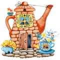 Tea house in the garden with flowers, cartoon teapot and cup with windows and doors. Hand drawn watercolor illustration