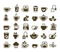 Tea icons. hot and cold drinks symbols cup of green leaves for black tea coffee cupcakes kettle. Vector black pictures Royalty Free Stock Photo