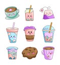 Tea items cartoon. Cute kawaii characters cup Royalty Free Stock Photo