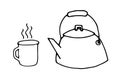 Tea Kettle and Mug with Hot Drink in Doodle style. Vector Old Metal Teapot and Cup Camping Icon. Kitchen Utensil.