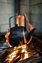 Tea Kettle on Open Fire Royalty Free Stock Photo