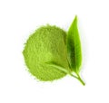 Tea leaf and matcha green tea powder  on white background. top view Royalty Free Stock Photo