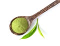 Tea leaf and matcha green tea powder in wood spoon isolated on white background. Royalty Free Stock Photo