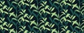 Tea leaves background vector. Seamless pattern with rich and neon green leaves on a dark background. Mysterious backdrop.