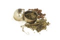 Tea leaves and coffee beans with strainer Royalty Free Stock Photo