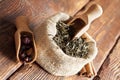 Tea leaves in linen bag on wooden planks