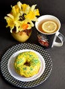 Tea with lemon, breakfast on black background and narcissist, black background, narcissists, beagle, doughnut for breakfast, yello