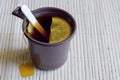 Tea with lemon is brewed in a plastic Cup. Royalty Free Stock Photo