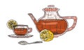 Tea with lemon glass cup and teapot. doodle vector