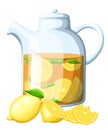 Tea with lemon in glass kettle. Lemon with leaves whole and slices of lemons. Decorative poster, emblem natural product, farmers m