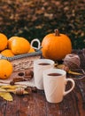 tea with lemon, honey, oranges, autumn leaves on woodenbackground