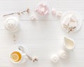 Tea with lemon, macaroon and marshmellow, textspace Royalty Free Stock Photo