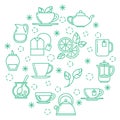 Tea line icon set in round doodle shape