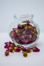 Tea made from dried rosebuds in a glass jar.