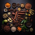 Tea making ingredients, knolling photography, ingredients for food, lot of spices with dark background