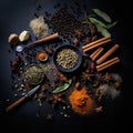 Tea making ingredients, knolling photography, ingredients for food, lot of spices with dark background