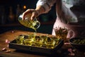 Tea Master Pouring Green Tea, Tea Shop, Flower Buds in Glass Cups, Tea Ceremony Generative AI Illustration