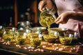 Tea Master Pouring Green Tea, Tea Shop, Flower Buds in Glass Cups, Tea Ceremony Generative AI Illustration