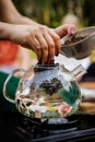 A tea master puts leaves into a teapot for brewing