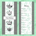 Tea menu. Restaurant bar brochure. Botanical design. Ceramic teapots. Plant leaves. Hot beverages list with prices