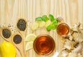 The tea with mint honey ginger and lemon on wood background,warm ton Royalty Free Stock Photo