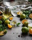 Tea with mint and tangerines. Warming drink with citrus and herbs.