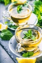 Tea. Mint Tea. Herbal tea. Mint leaf. Mint leaves. Tea in a glass cup, mint leaves, dried tea, sliced lime. herbs tea and mint lea Royalty Free Stock Photo