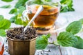 Tea. Mint Tea. Herbal tea. Mint leaf. Mint leaves. Tea in a glass cup, mint leaves, dried tea, sliced lime. herbs tea and mint lea Royalty Free Stock Photo